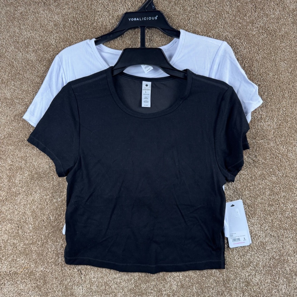Yogalicious Heavenly Rib Tara Crop Short Sleeve Top 2-Pack Black White L NEW